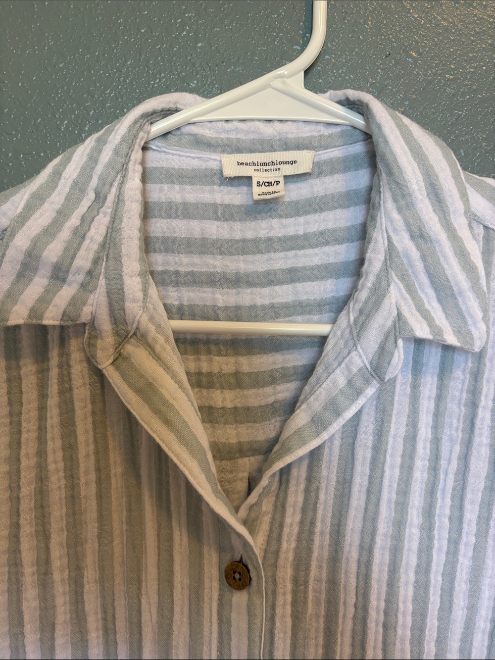 100% Cotton | Pale Green and White Striped Button-Down | Gauze Top - Picture 10 of 16